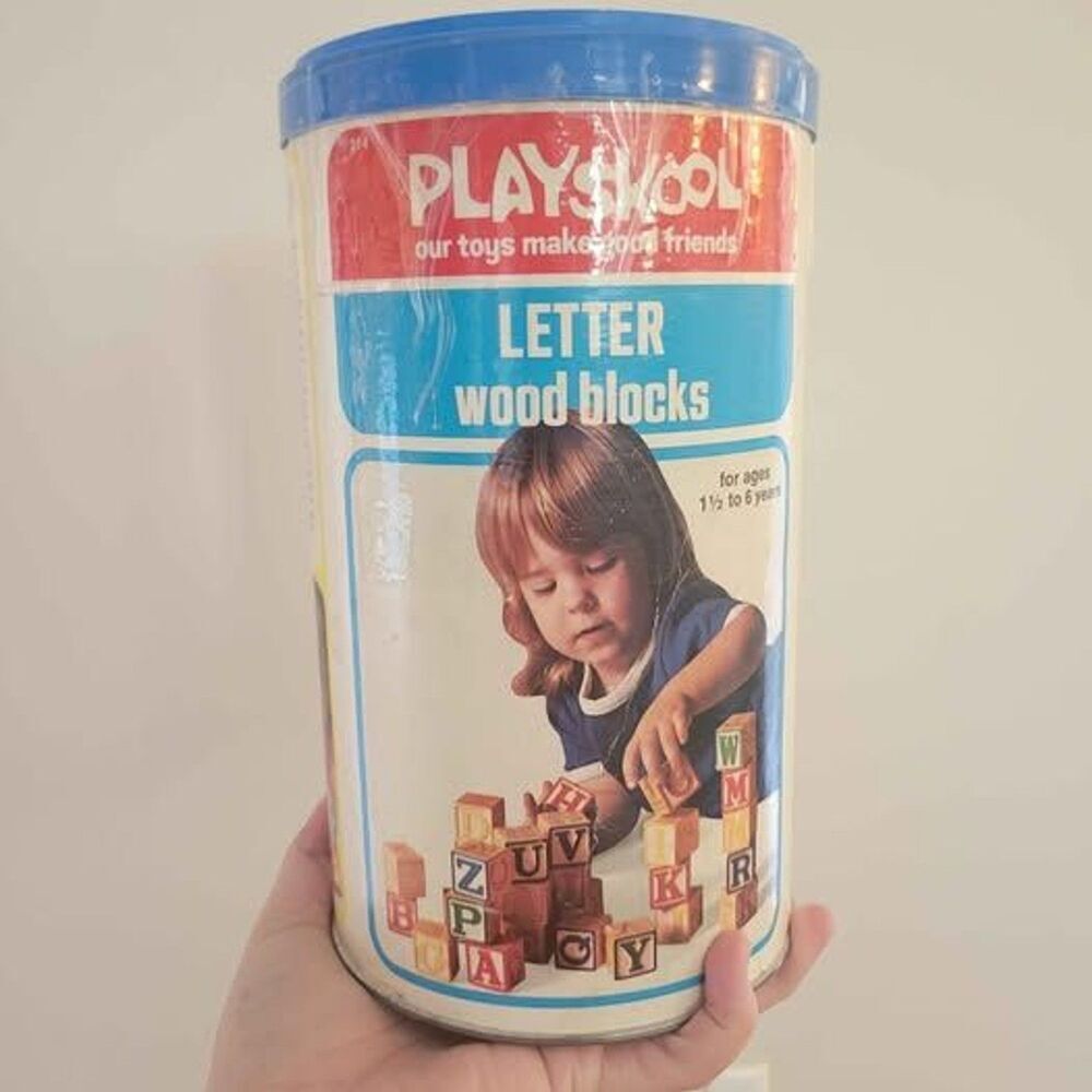 70's Vintage Wooden Blocks in Original Canister